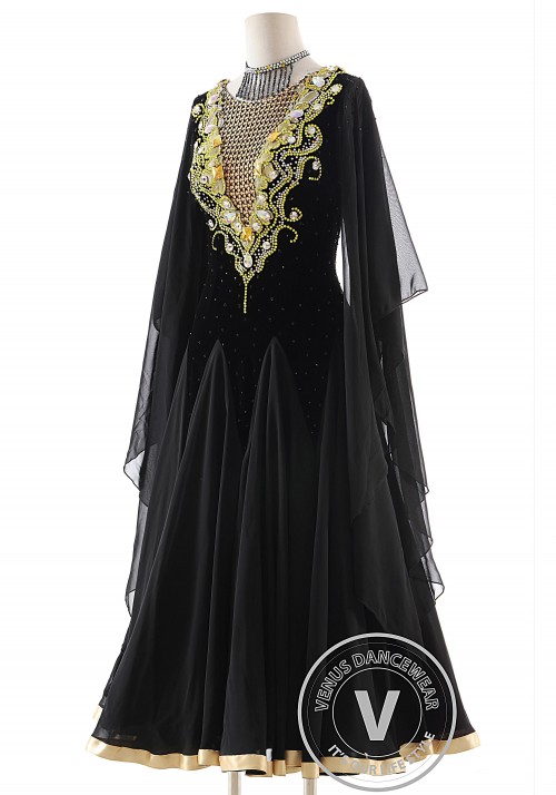 Black Velvet with Gold Appliques Ballroom Smooth Competition Dance Dress