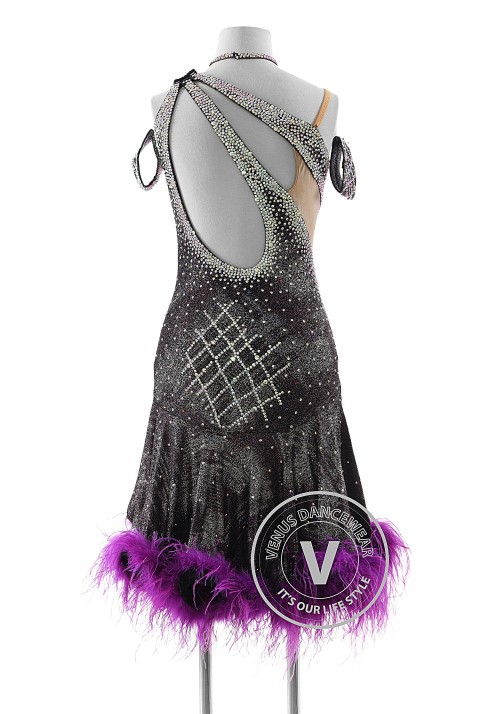 Purple Starry Sky with Ostrich Hem Latin Rhythm Competition Dance Dress