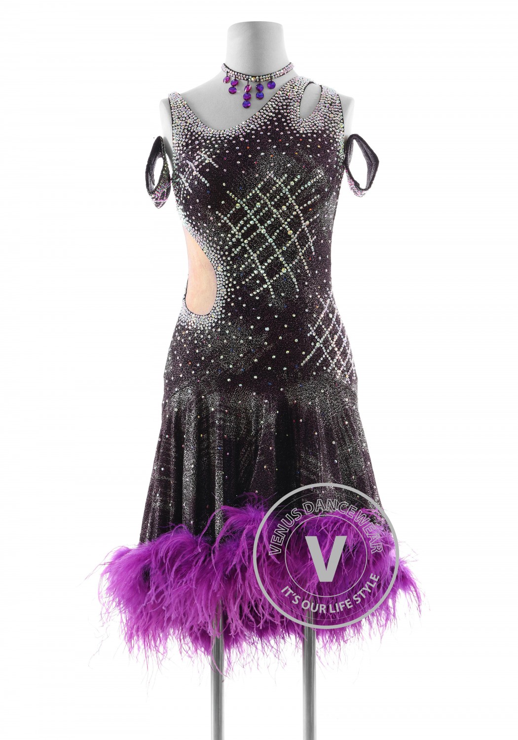 Purple Starry Sky with Ostrich Hem Latin Rhythm Competition Dance Dress