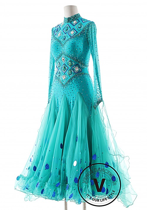 Light Teal High Neck Ballroom Smooth Competition Dance Dress