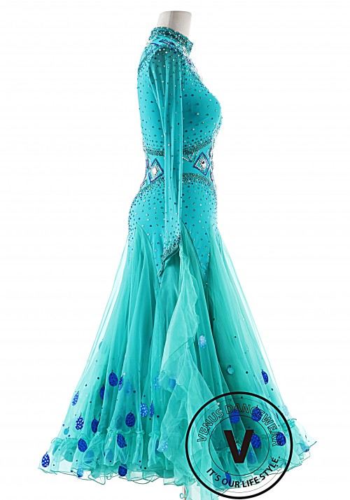 Light Teal High Neck Ballroom Smooth Competition Dance Dress