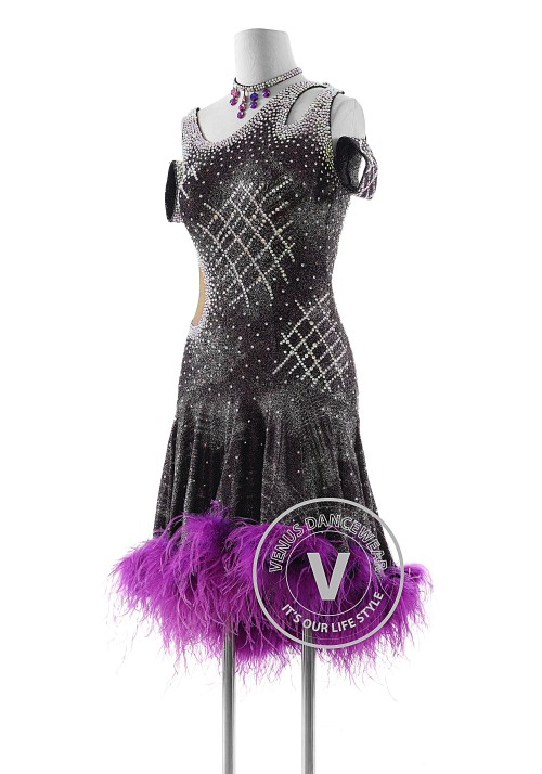 Purple Starry Sky with Ostrich Hem Latin Rhythm Competition Dance Dress