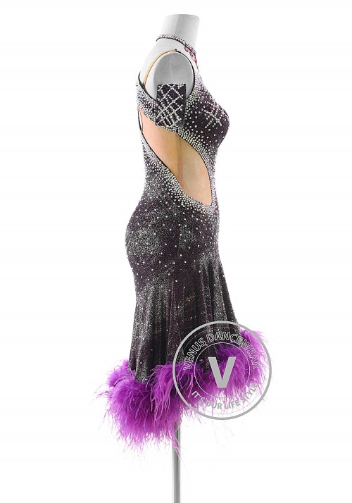 Purple Starry Sky with Ostrich Hem Latin Rhythm Competition Dance Dress