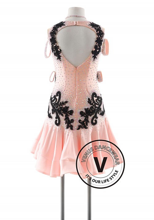 Light Pink with Black Appliques Latin Rhythm Competition Dance Dress