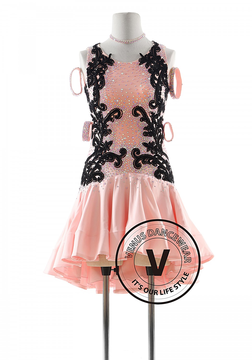 Light Pink with Black Appliques Latin Rhythm Competition Dance Dress