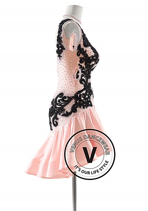 Light Pink with Black Appliques Latin Rhythm Competition Dance Dress