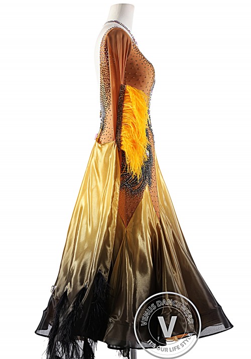 Golden Sunset with Feather Floats Ballroom Smooth Competition Dance Dress