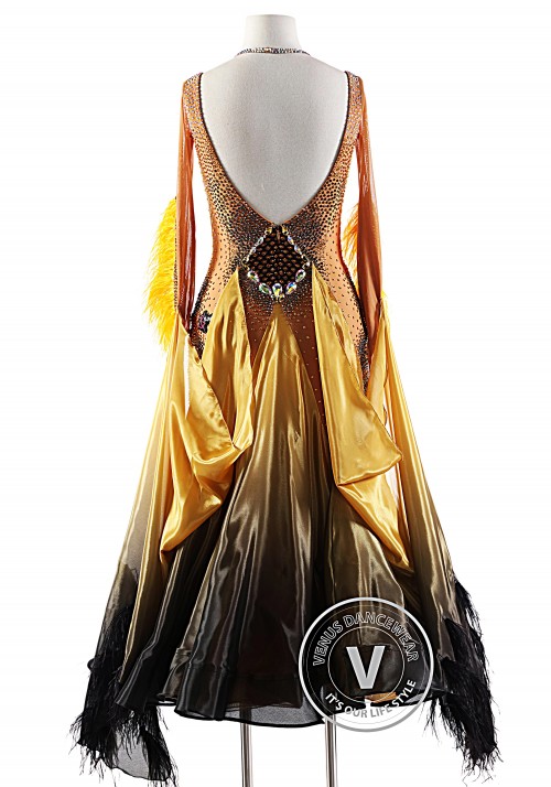 Golden Sunset with Feather Floats Ballroom Smooth Competition Dance Dress