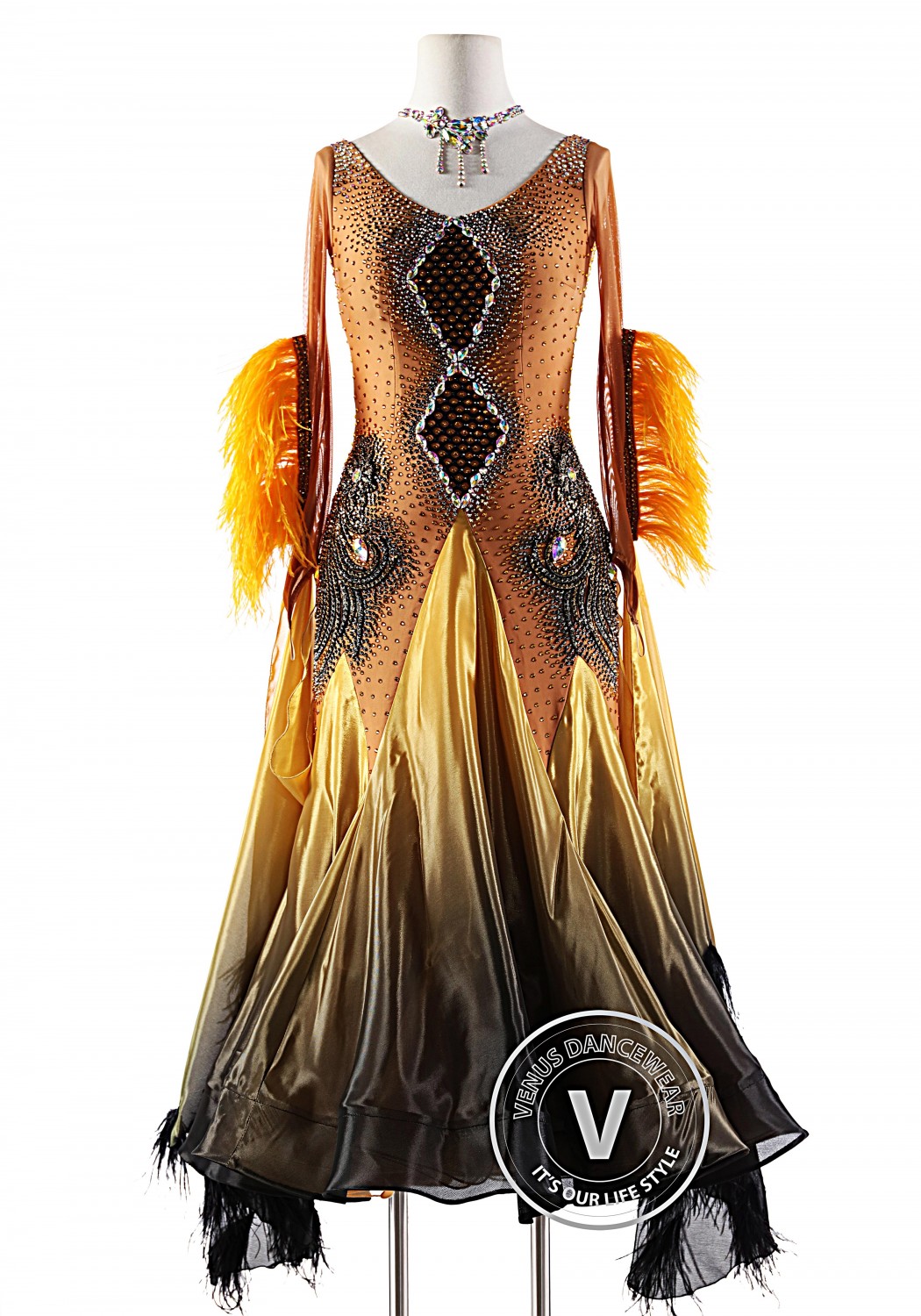 Golden Sunset with Feather Floats Ballroom Smooth Competition Dance Dress