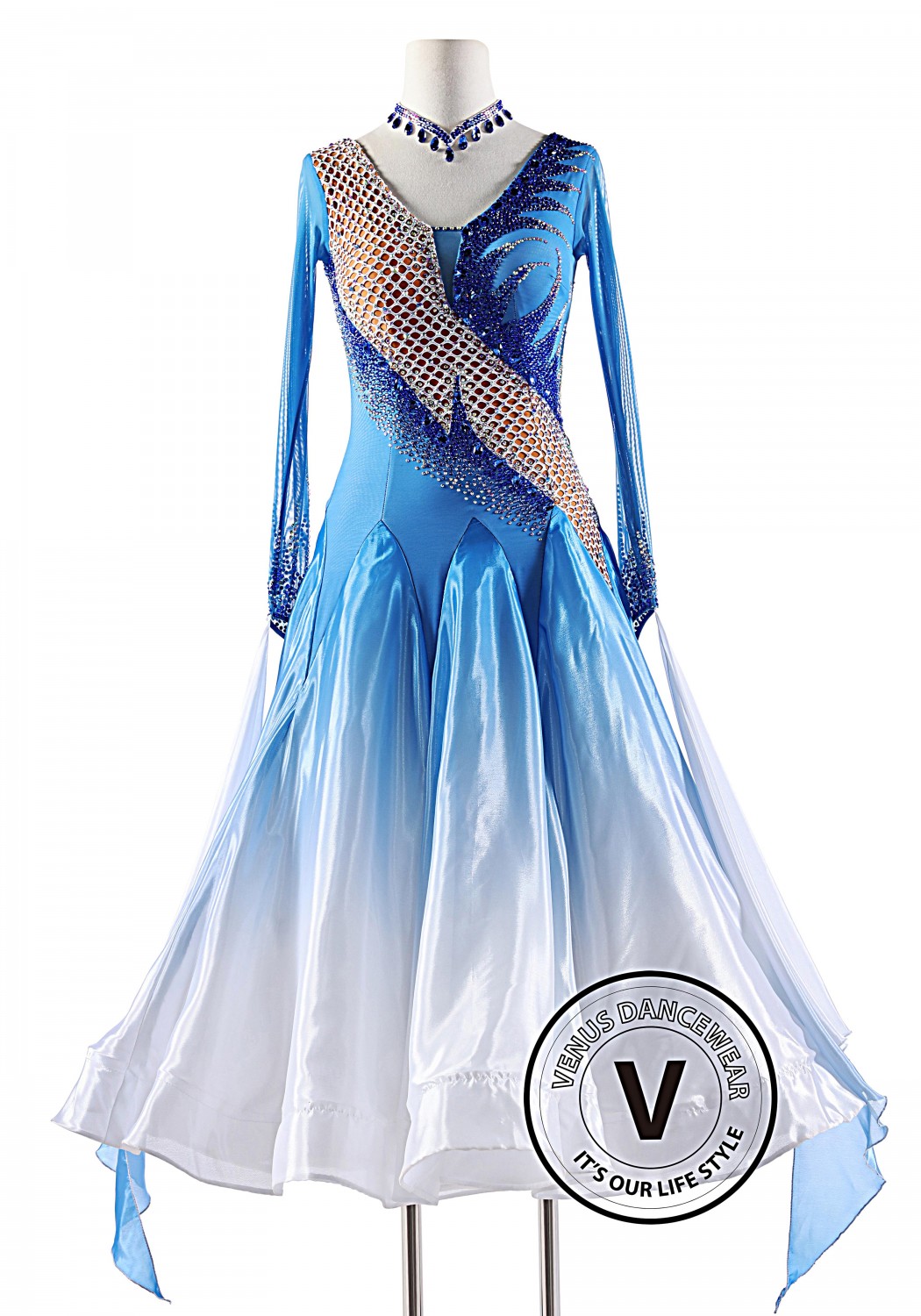 The Alps Blue Shading Satin Silk Ballroom Smooth Competition Dance Dress