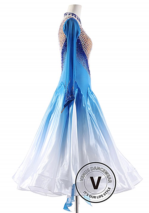 The Alps Blue Shading Satin Silk Ballroom Smooth Competition Dance Dress