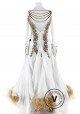 White and Gold Beadings Feather Ballroom Smooth Competition Dance Dress