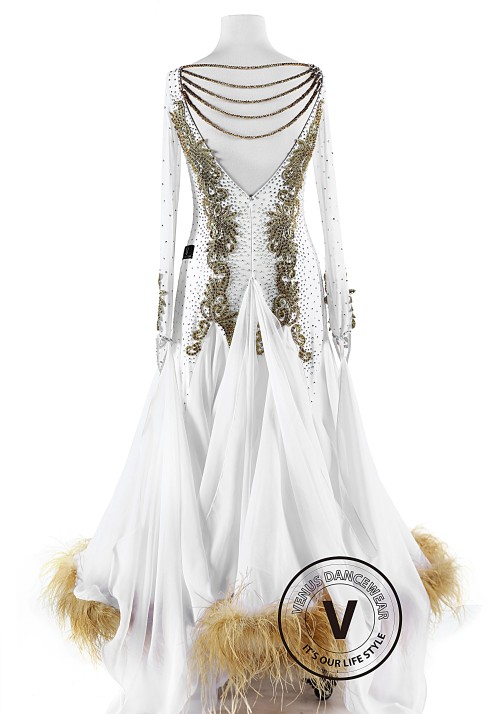 White and Gold Beadings Feather Ballroom Smooth Competition Dance Dress