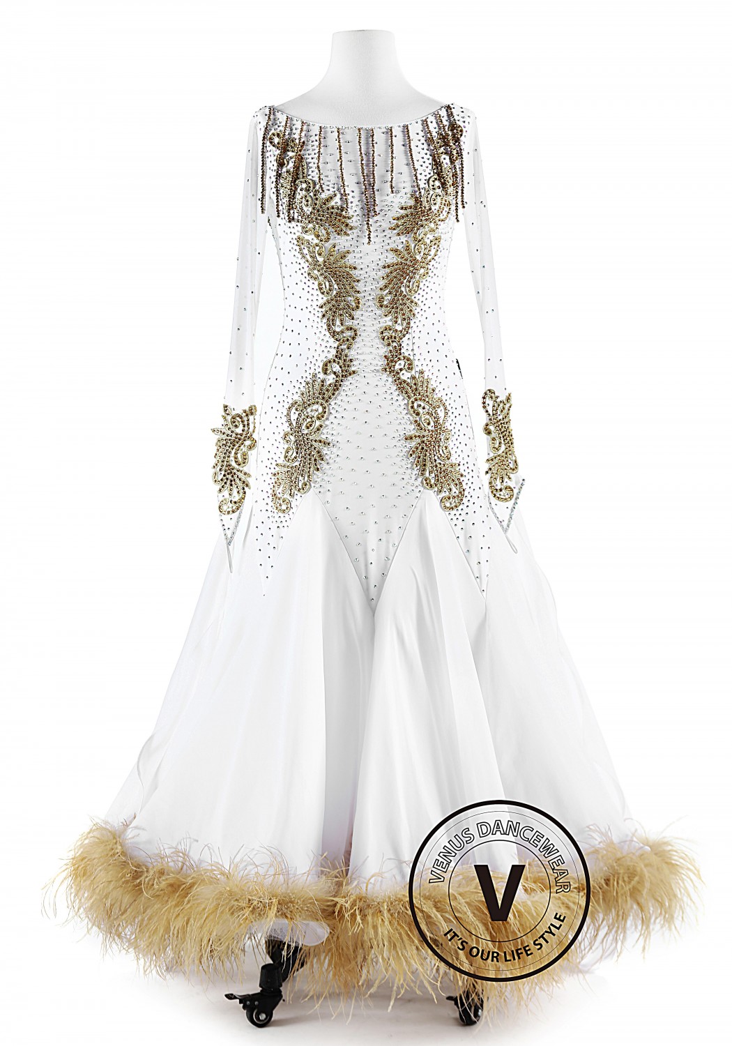 White and Gold Beadings Feather Ballroom Smooth Competition Dance Dress