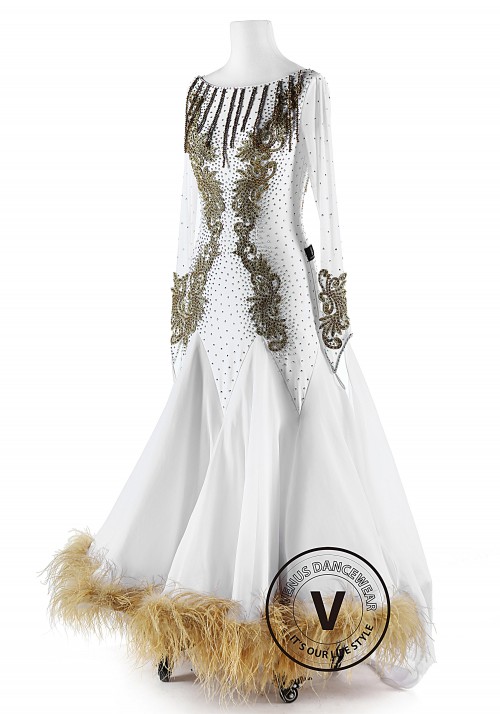 White and Gold Beadings Feather Ballroom Smooth Competition Dance Dress