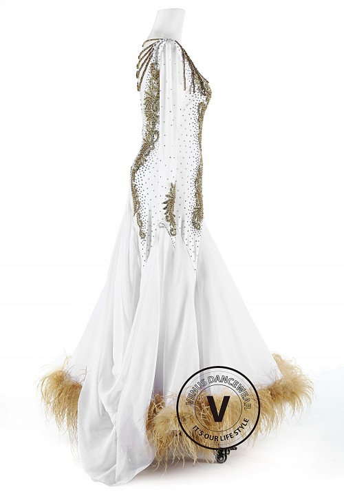 White and Gold Beadings Feather Ballroom Smooth Competition Dance Dress