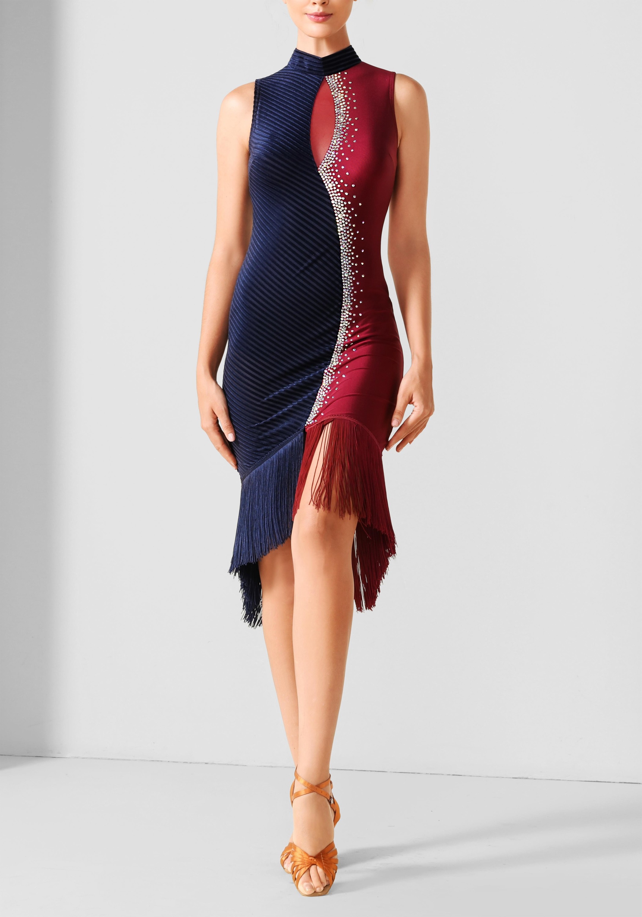 Dark Blue and Burgundy with Fringe Latin Rhythm Crepe Ruffle Practice Dance Dress