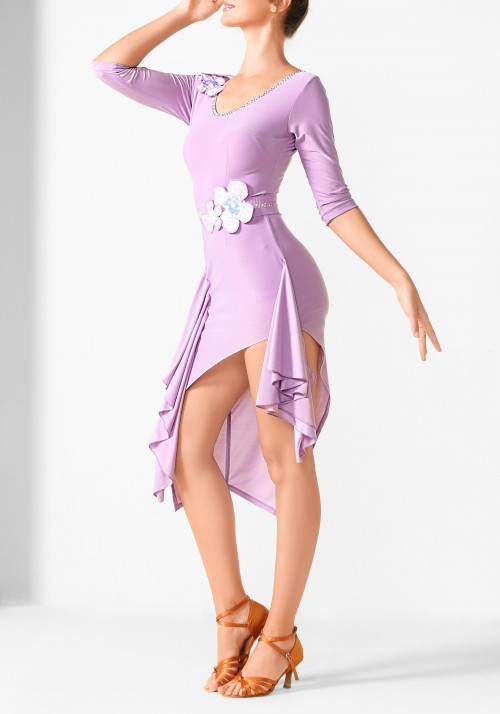 Lavender with Drop Flounce Latin Rhythm Crepe Ruffle Practice Dance Dress