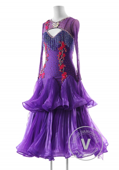 Plum Blossom Floral Fuchsia Ballroom Smooth Competition Dance Dress