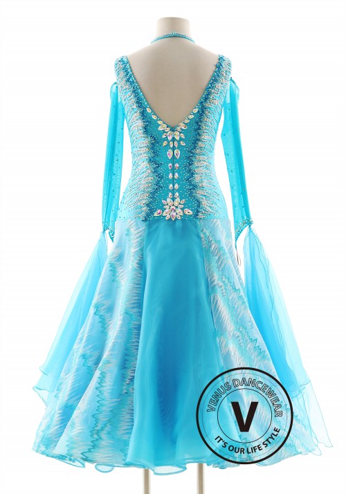 Blue Color Zig-Zag Pattern Ballroom Smooth Competition Dance Dress