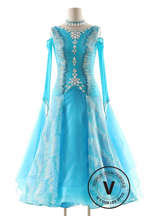 Blue Color Zig-Zag Pattern Ballroom Smooth Competition Dance Dress