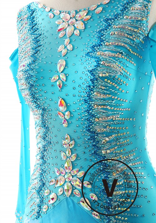 Blue Color Zig-Zag Pattern Ballroom Smooth Competition Dance Dress