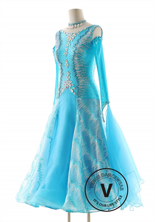 Blue Color Zig-Zag Pattern Ballroom Smooth Competition Dance Dress