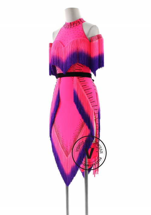 Hot Magenta with Shading Fringe Latin Rhythm Competition Dance Dress