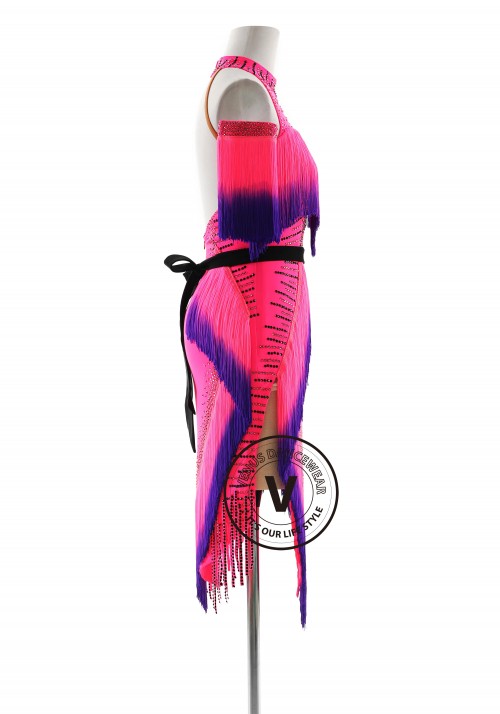 Hot Magenta with Shading Fringe Latin Rhythm Competition Dance Dress