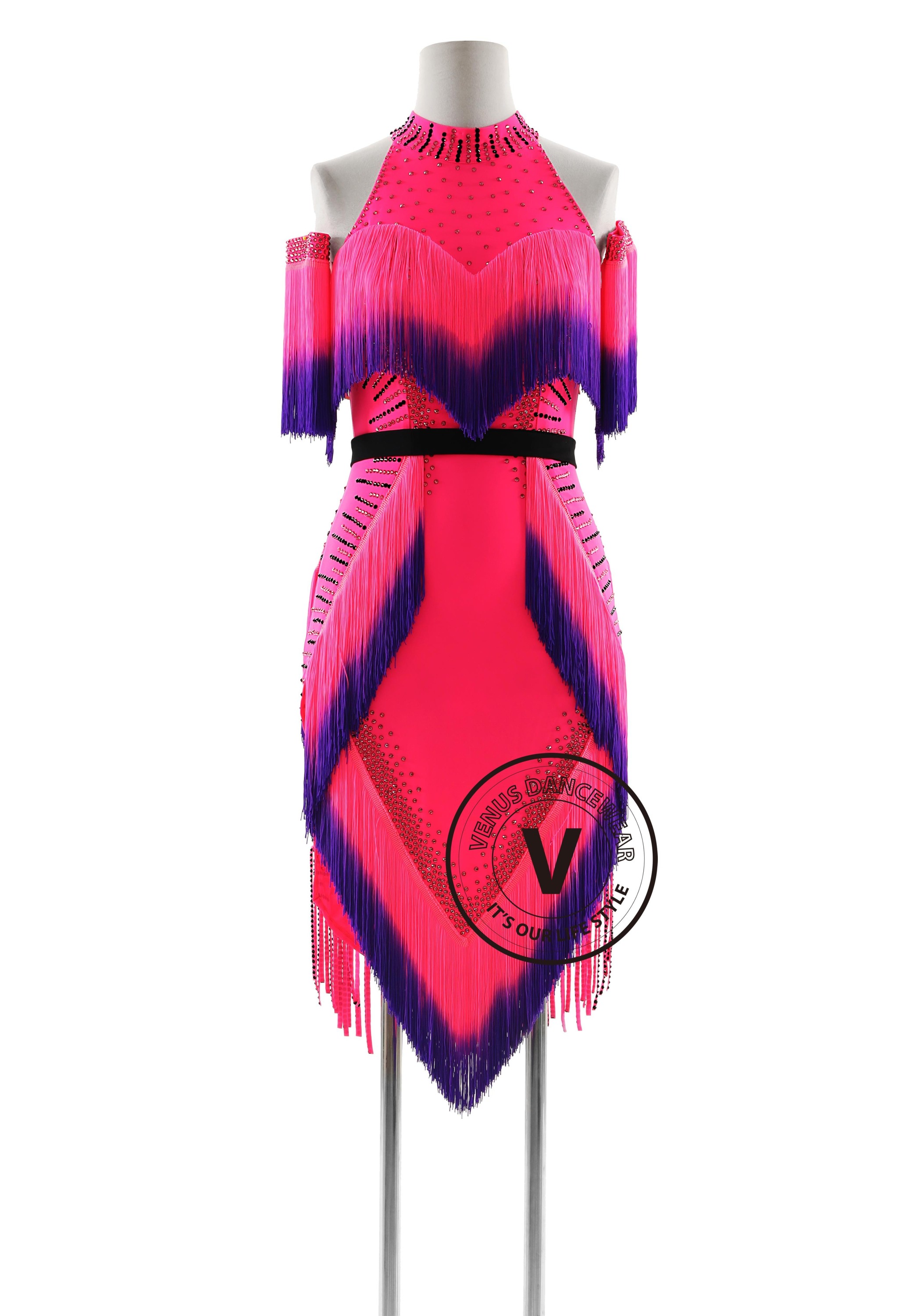 Hot Magenta with Shading Fringe Latin Rhythm Competition Dance Dress