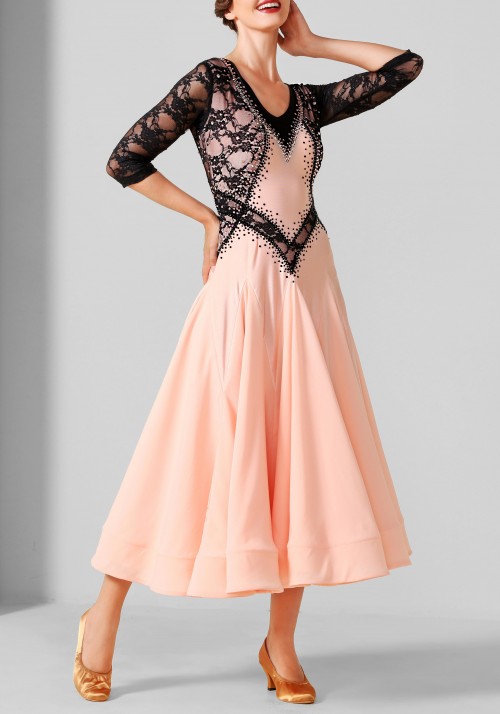 Peach Pink with Black Lace Luxury Crepe Ballroom Smooth Practice Dance Dress