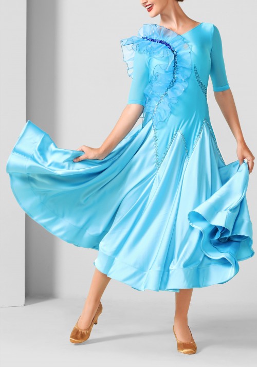 Baby Blue  Flounce Luxury Crepe Ballroom Smooth Practice Dance Dress