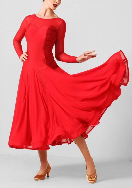 Red and Floral Fabric Luxury Crepe Ballroom Smooth Practice Dance Dress