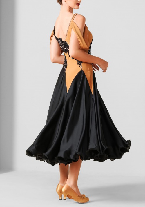 Black 3D Appliques Luxury Crepe Ballroom Smooth Practice Dance Dress