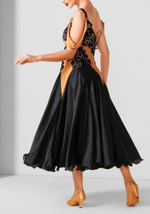 Black 3D Appliques Luxury Crepe Ballroom Smooth Practice Dance Dress