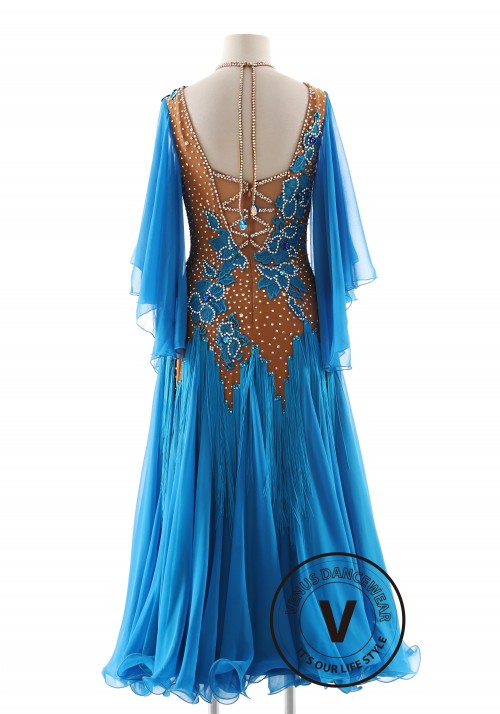 Blue Color Bell Sleeves and Fringe Decorated Skirt Ballroom Smooth Competition Dance Dress