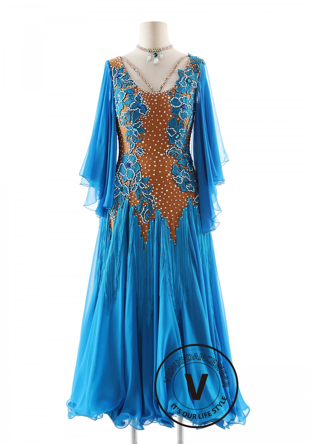 Blue Color Bell Sleeves and Fringe Decorated Skirt Ballroom Smooth Competition Dance Dress
