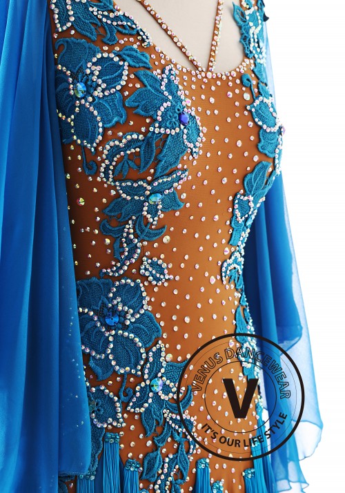 Blue Color Bell Sleeves and Fringe Decorated Skirt Ballroom Smooth Competition Dance Dress