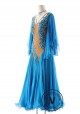 Blue Color Bell Sleeves and Fringe Decorated Skirt Ballroom Smooth Competition Dance Dress