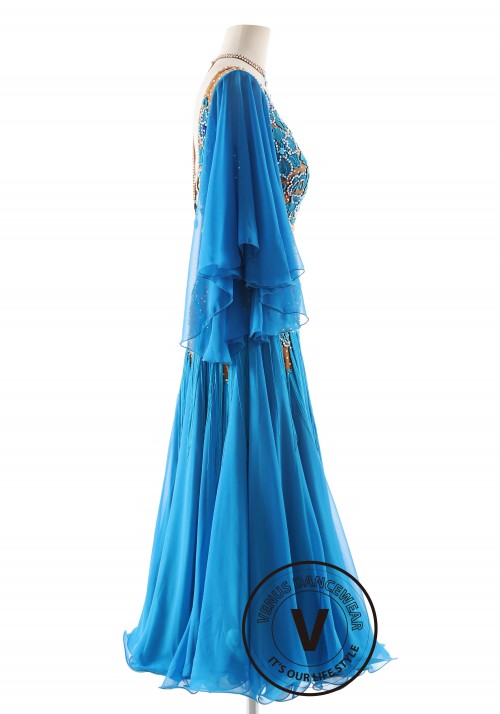 Blue Color Bell Sleeves and Fringe Decorated Skirt Ballroom Smooth Competition Dance Dress