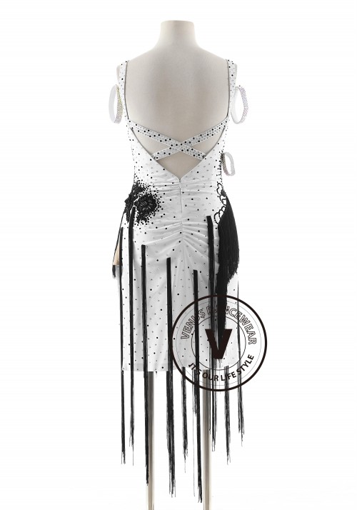 White Dress with Long Black Fringe Latin Rhythm Competition Dance Dress