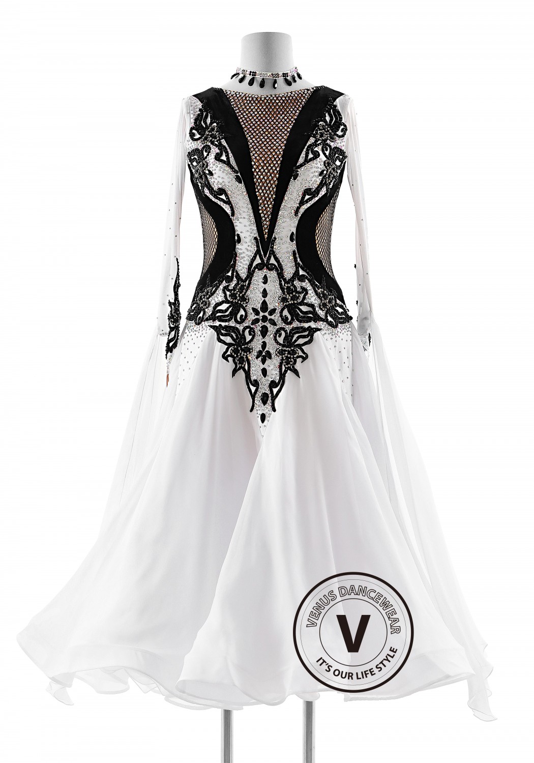 White Color Dress with Black Velvet Decorated Ballroom Smooth Competition Dance Dress