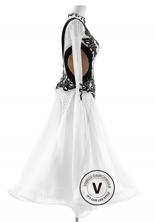 White Color Dress with Black Velvet Decorated Ballroom Smooth Competition Dance Dress