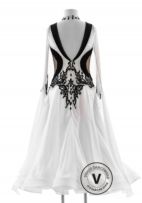 White Color Dress with Black Velvet Decorated Ballroom Smooth Competition Dance Dress