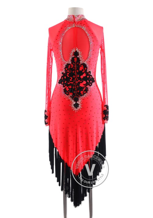 Hot Coral with Black Tassels Fringe Latin Rhythm Competition Dance Dress