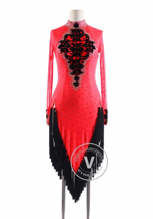 Hot Coral with Black Tassels Fringe Latin Rhythm Competition Dance Dress