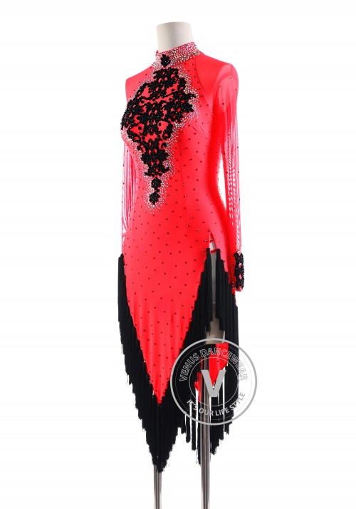 Hot Coral with Black Tassels Fringe Latin Rhythm Competition Dance Dress