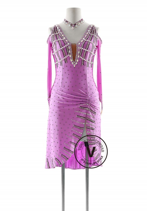 Lavender Color with Pearl Beading Latin Rhythm Competition Dance Dress