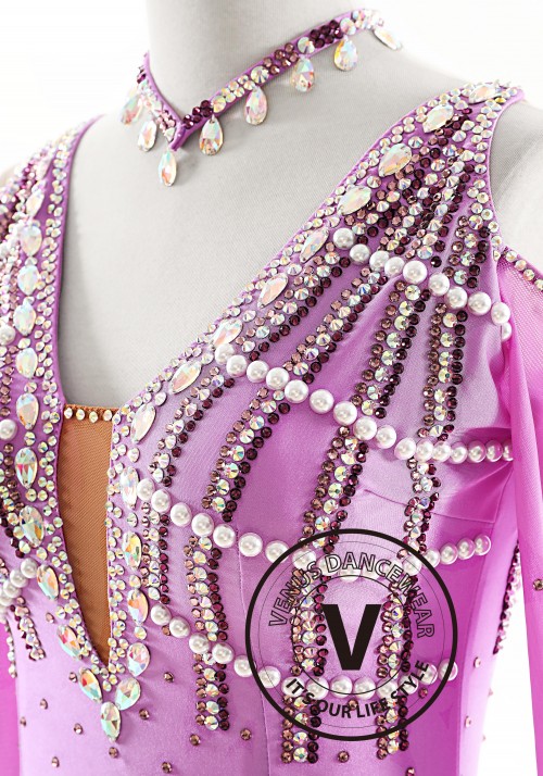 Lavender Color with Pearl Beading Latin Rhythm Competition Dance Dress