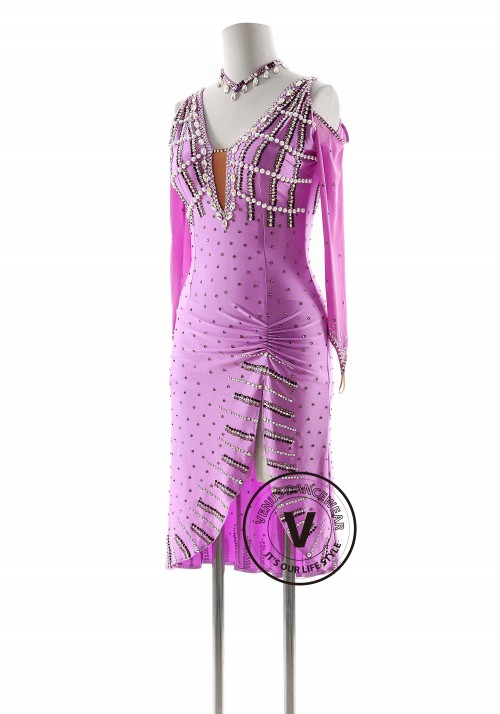 Lavender Color with Pearl Beading Latin Rhythm Competition Dance Dress